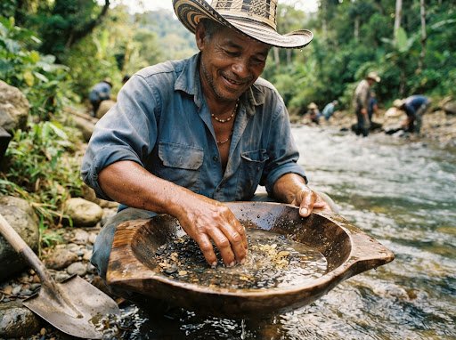 Minero tradicional en Chocó con batea de oro aluvial y agua limpia